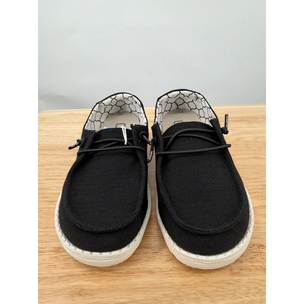 NWT Hey Dude Wendy Youth Linen Black Slip On Loafers Lightweight Kids Shoes K12